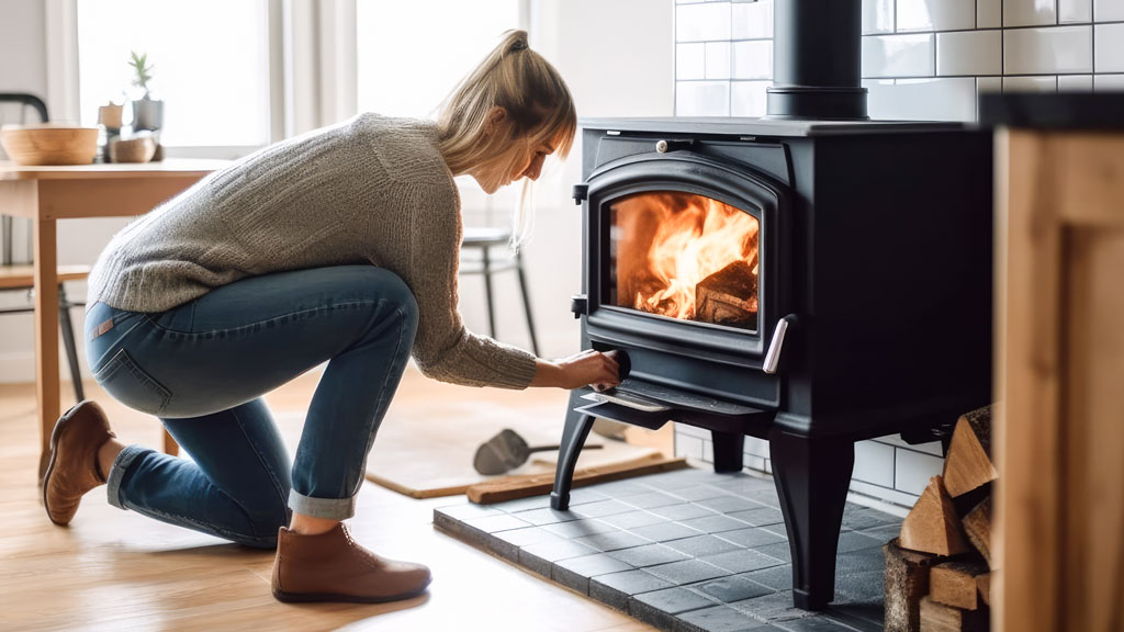 Technicien inspectant un poêle à accumulation dans un salon français