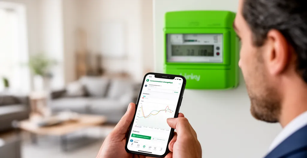 Propriétaire consultant l'application de suivi de production solaire sur smartphone avec compteur Linky