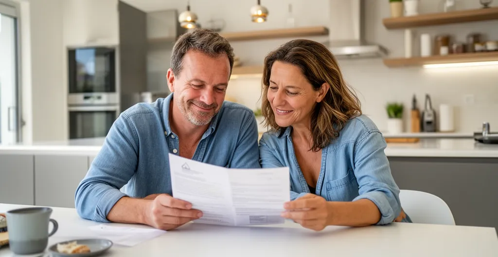 Couple français satisfait consultant leurs économies d'énergie dans leur cuisine