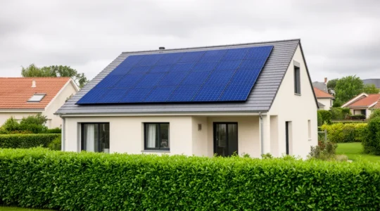 Maison individuelle française équipée de panneaux solaires photovoltaïques sur toiture inclinée