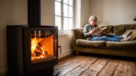 Séjour chaleureux avec poêle à bois à accumulation allumé et personne détendue