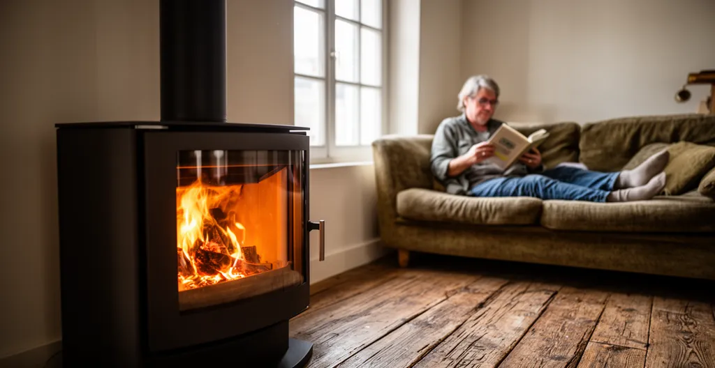 Séjour chaleureux avec poêle à bois à accumulation allumé et personne détendue