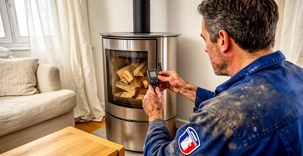 Technicien inspectant un poêle à accumulation dans un salon français