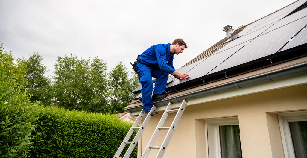 Technicien RGE inspectant une installation de panneaux solaires sur toiture résidentielle